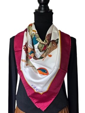 Gucci Silk Scarf Ducks In Flight Bird Print Burgundy Border NOS